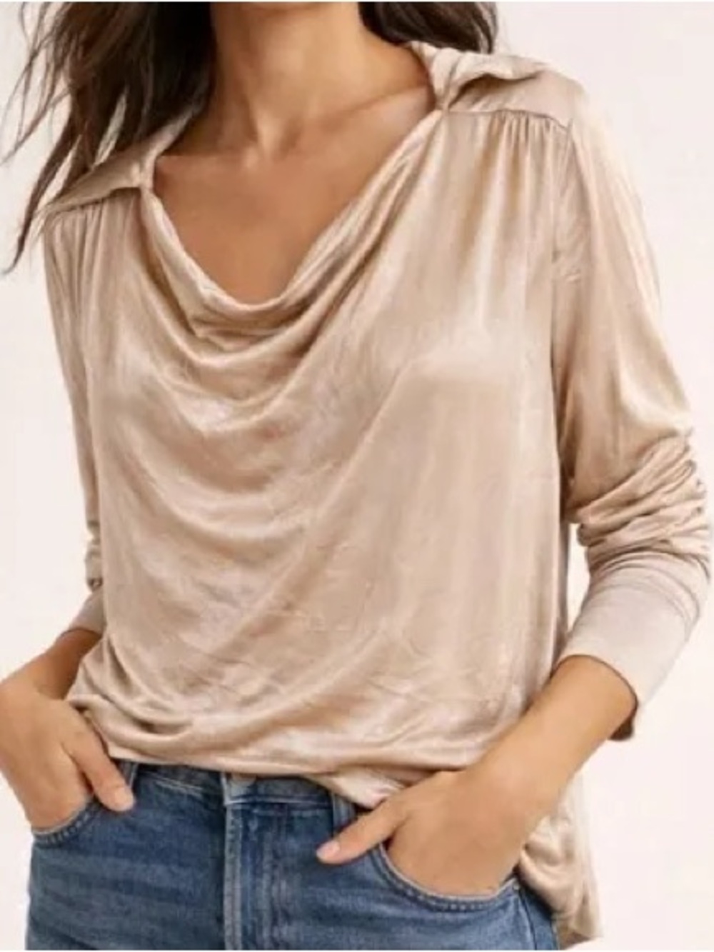 Sage The Label Anthropologie Satin Cowl Neck Blouse Champagne Nude Size S